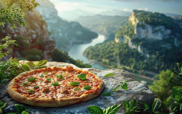 Photo a pizza margherita on the nature background professional advertising food photo ai generated