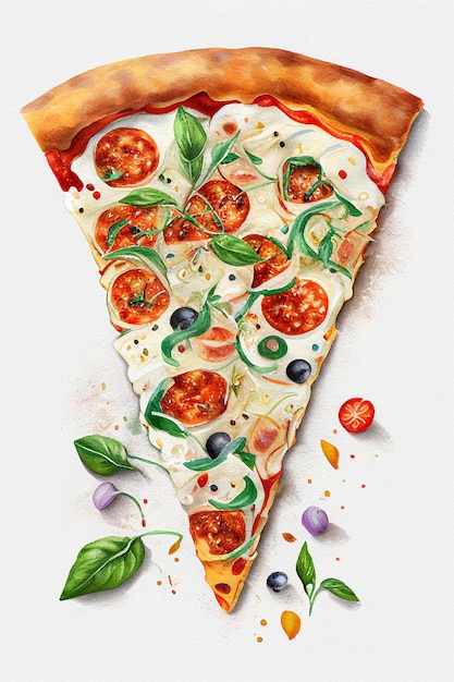 Pizza Margherita slice on white background Ai generative watercolor illustration