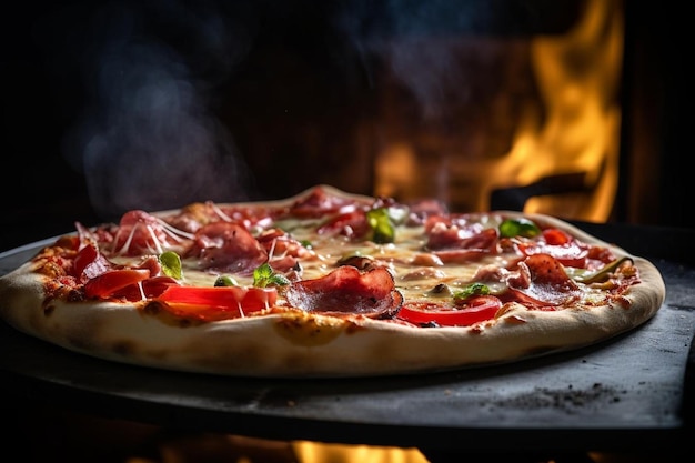 A pizza oven emitting aromatic smoke as pizzas cook