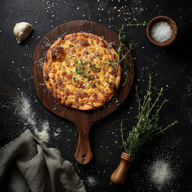 Photo a pizza on a pan with a person holding a knife and a wooden spoon