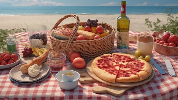 Photo pizza picnic basket on red checkered tablecloth