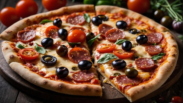 Pizza pizza filled with tomatoes salami and olives