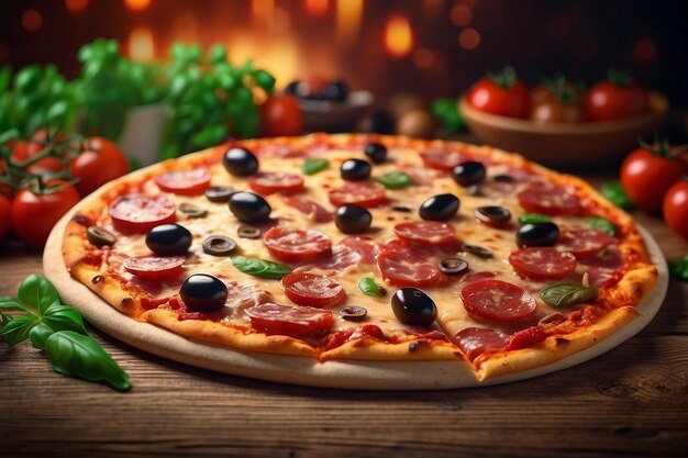 Pizza pizza filled with tomatoes salami and olives