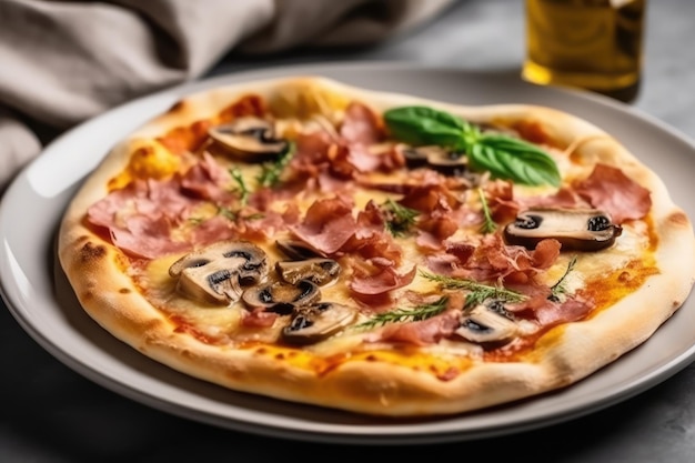 Pizza Prosciutto E Funghi On White Plate Generative AI