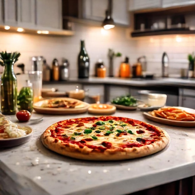 a pizza sits on a counter with a bottle of wine in the background