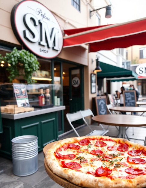 Photo a pizza sits outside of a restaurant with a sign that says  s