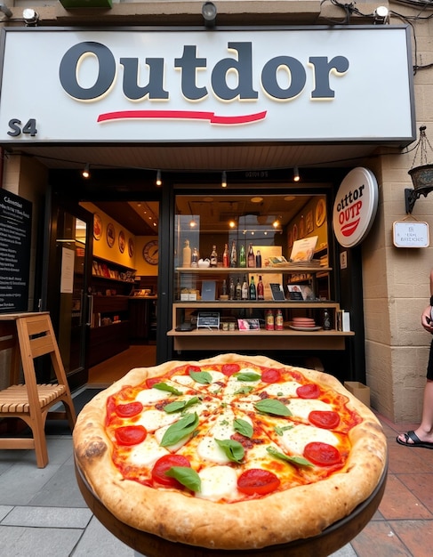 Photo a pizza sits outside of a store with a sign that says  outdoor