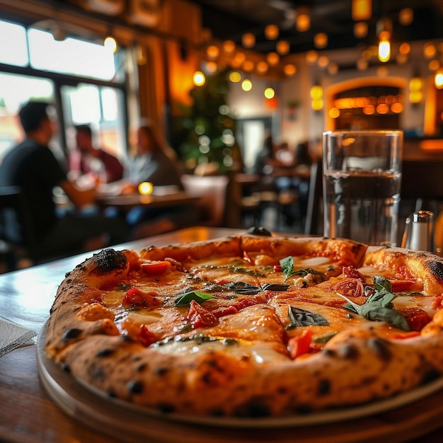 a pizza sits on a plate in a bar with a glass of water