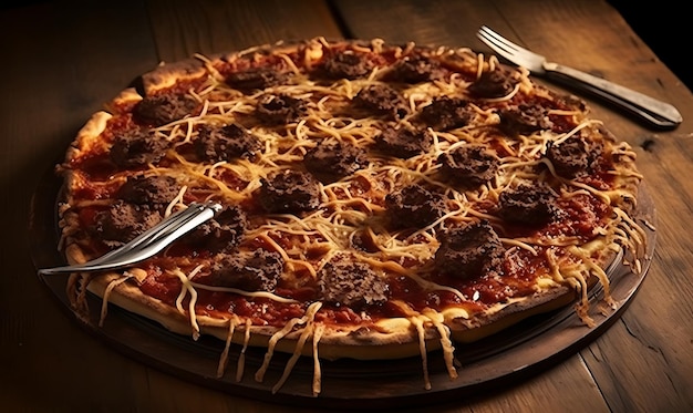 Pizza sits on a plate on top of a wooden table