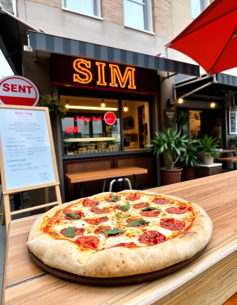 Photo a pizza sits on a table in front of a restaurant