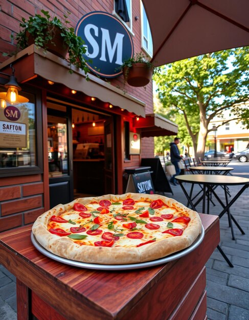 Photo a pizza sits on a table outside of a pizza shop