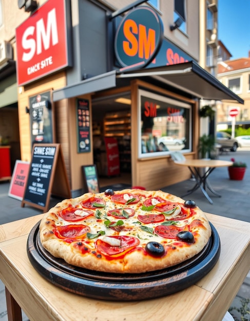 Photo a pizza sits on a table outside of a store