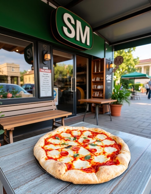 Photo a pizza sits on a table outside of a store