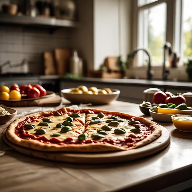 a pizza sits on a table with several bowls of fruit and vegetables