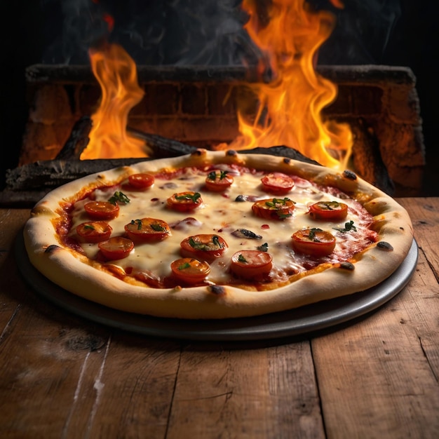 Photo a pizza sits on a tray in front of a fire