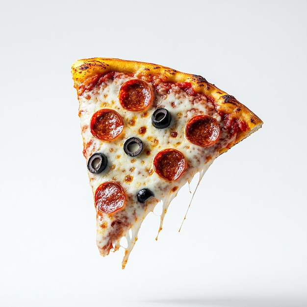 Pizza slice flying on white background Delicious peperoni pizza slices pepperonis and olives