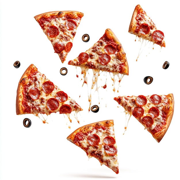 Pizza slice flying on white background Delicious peperoni pizza slices pepperonis and olives