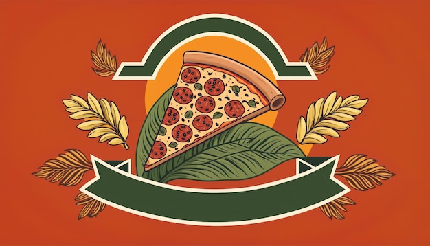 A pizza slice is on a red background with a green ribbon The pizza slice is surrounded by leaves