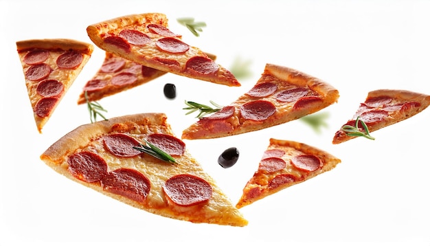 Photo pizza slices flying isolated on white background delicious peperoni pizza slices pepperoni