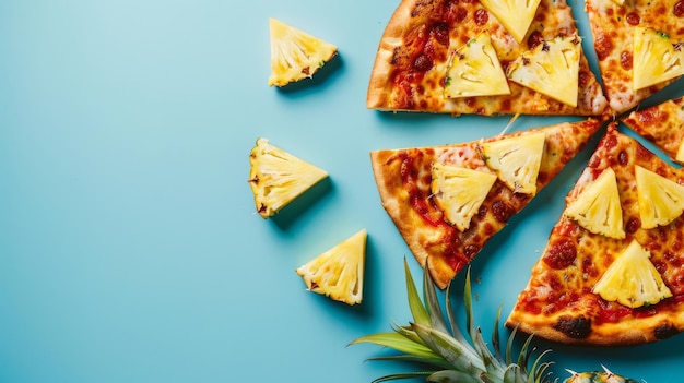 Pizza slices with pineapple on blue background topdown view Tropical food concept