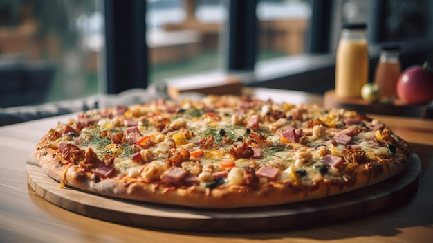 A pizza on a table with a bottle of beer in the background