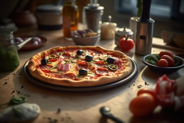 A pizza on a table with a bowl of tomatoes and olives.