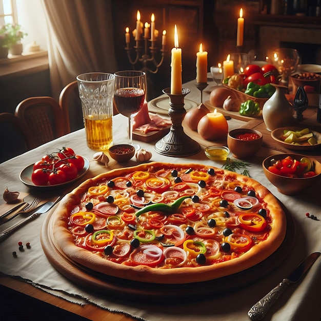 A pizza and a table with candles and drinking glasses in the background