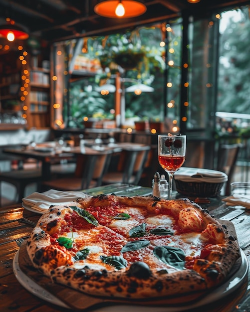 Photo a pizza on a table with a glass of wine and a glass of wine