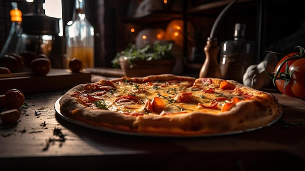 A pizza on a table with a glass of wine