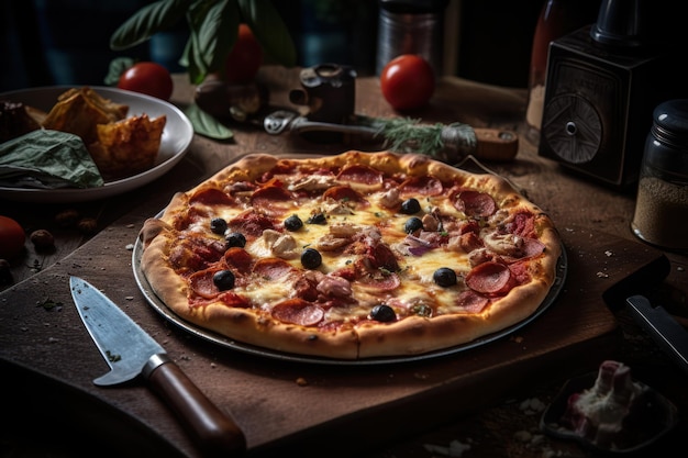 A pizza on a table with a knife and fork next to it