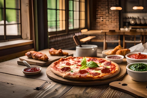 A pizza on a table with a sign that says pizza on it