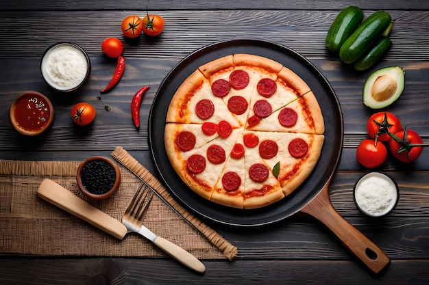 pizza on table with vegetables