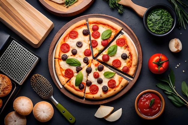 pizza on table with vegetables