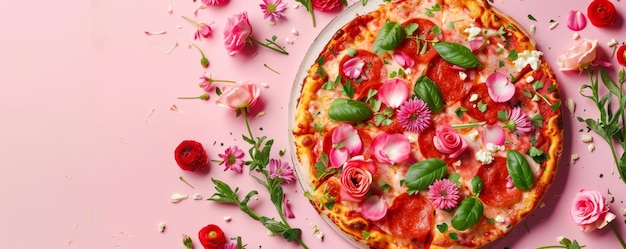 Pizza topped with flowers on pink background