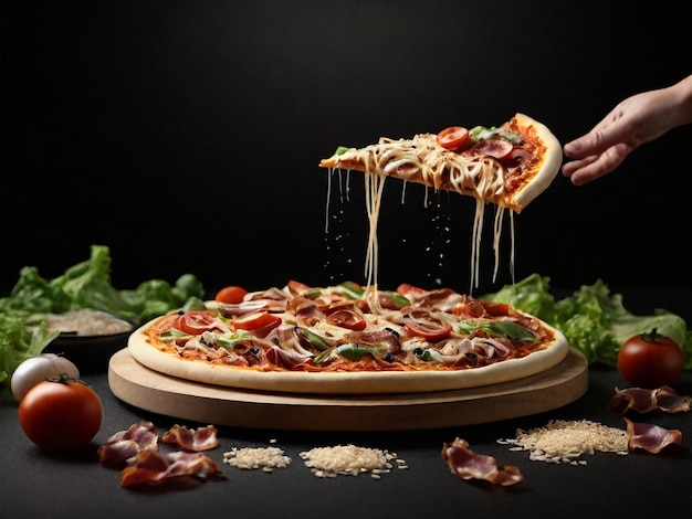 a pizza with bacon and cheese on it is being sliced