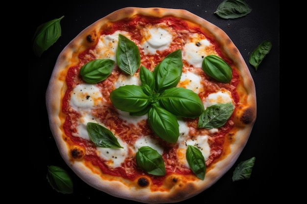 A pizza with a basil leaf on top