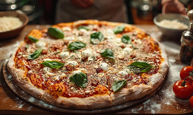 Photo a pizza with basil leaves on it sits on a table