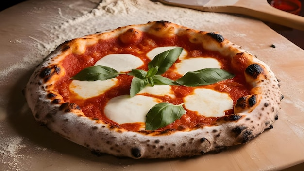 a pizza with basil leaves on it sits on a table