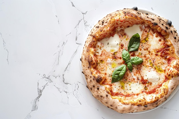 a pizza with basil leaves on it sits on a table