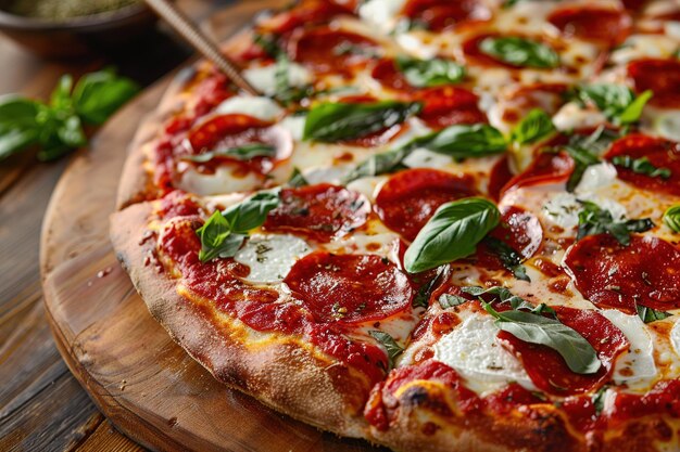 a pizza with basil leaves on it and a wooden cutting board