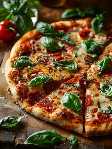 a pizza with basil leaves and a tomato on it