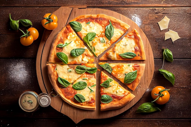 Pizza with basil on a wooden table top view Generative AI Generative AI