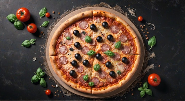 a pizza with black olives and black olives on a black background