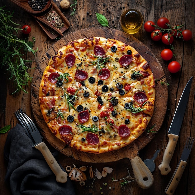 a pizza with black olives and black olives on a wooden table