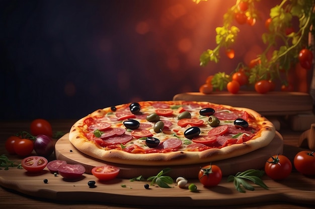 a pizza with black olives and black olives on a wooden tray