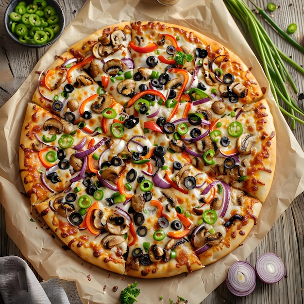 a pizza with black olives onions and peppers on a table