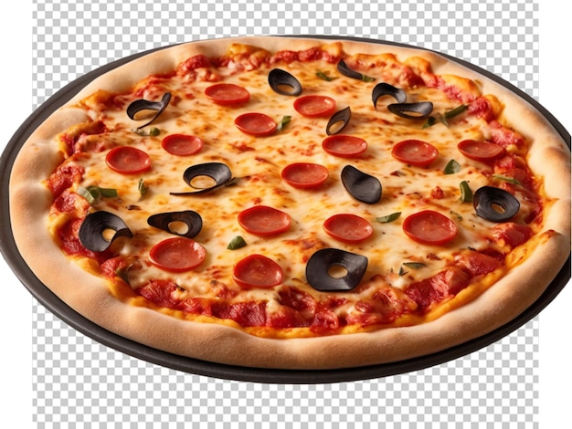 a pizza with black olives and pepperoni on a black background