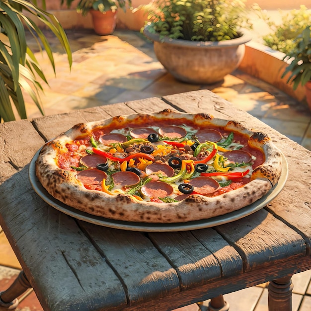 a pizza with black olives and peppers on a table AI Generated