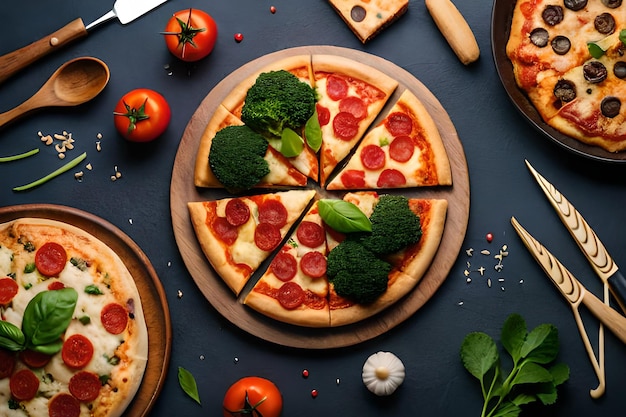 A pizza with broccoli on it and a pizza cutter on the table.