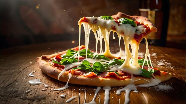 a pizza with cheese and basil on it sits on a wooden table